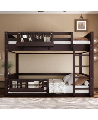 Bunk Bed with Ladder and Guardrails, Pegboard and bookshelf