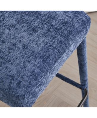 Backless Blue Upholstered Fabric Bar Stool with Padded Seat & Footrest