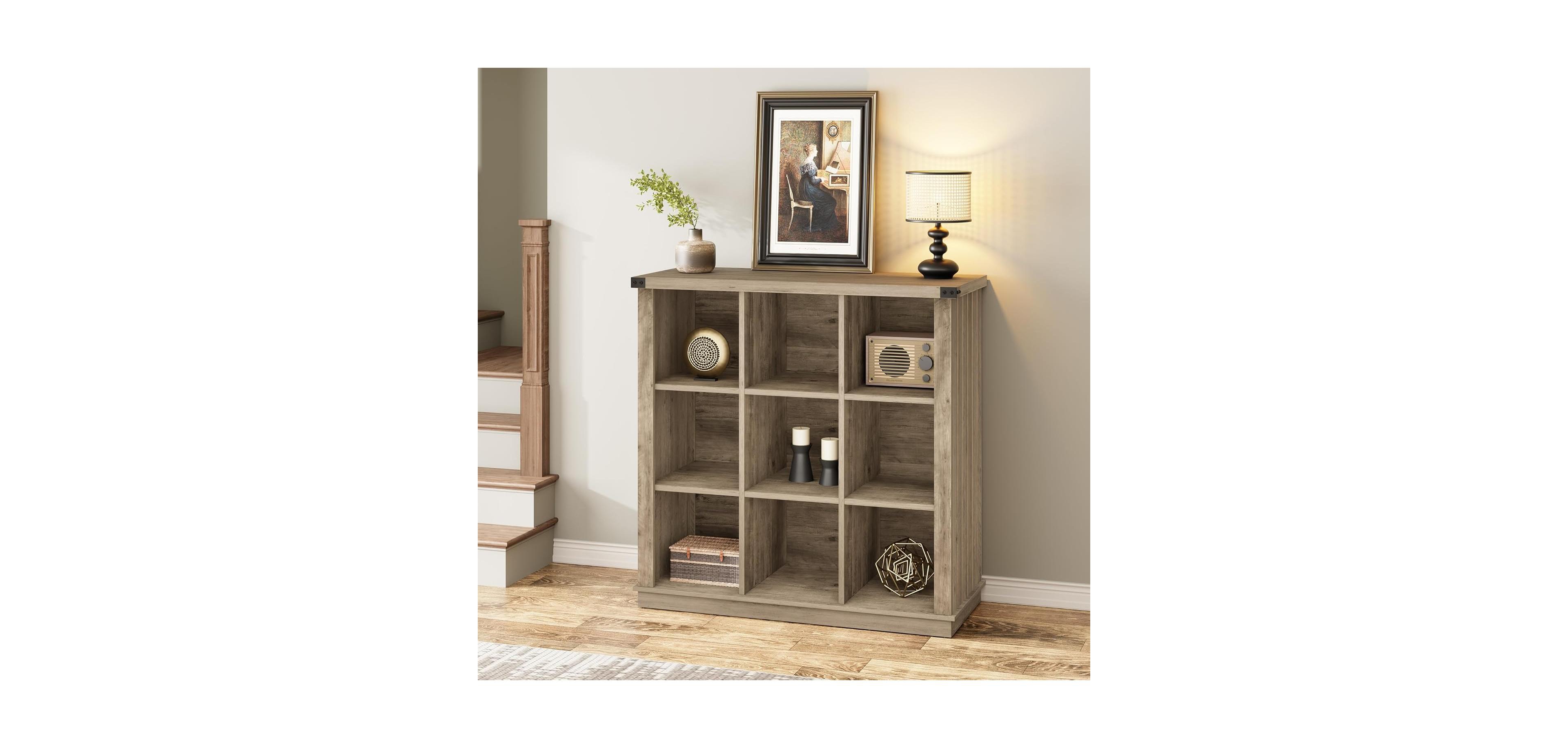 9-Cube Storage Organizer Bookcase, 37.4" Long Low 4-Tier Farmhouse Wood Shelf for Entryway and Living Room, Grey