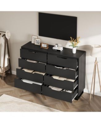 Farmhouse TV Stand with 8 Drawers, 55" Wide Entertainment Center for TVs up to 75 Inch with Metal Legs, Black