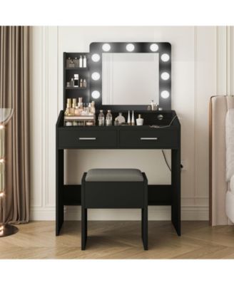 Vanity Desk with Mirror and Lights, Makeup Vanity with Power Outlet