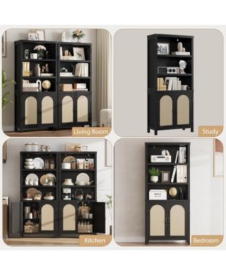 70" Tall Farmhouse Bookshelf with Rattan Doors, 3-Tier Open Bookcase with Adjustable Shelves