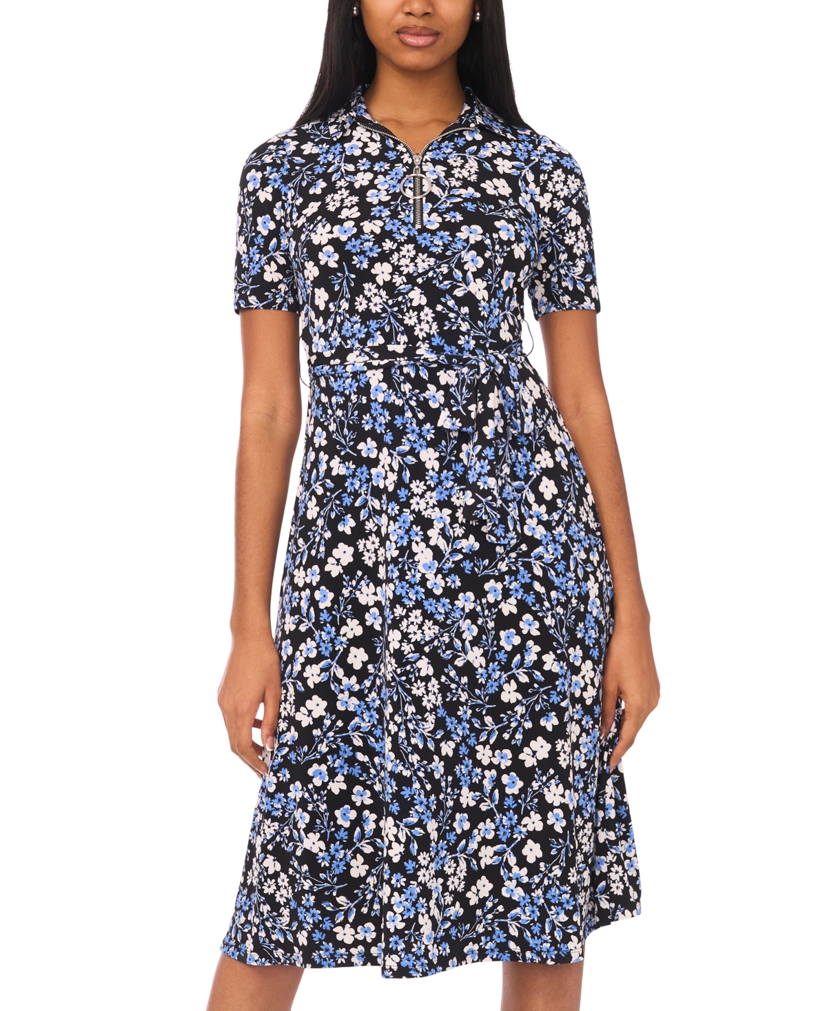 Msk Petite Collared Short-Sleeve Midi Dress