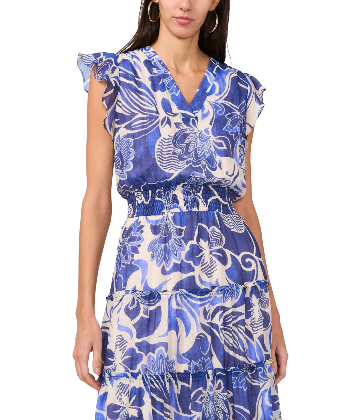 Msk Petite Split Neck Flutter-Sleeve Tiered Maxi Dress