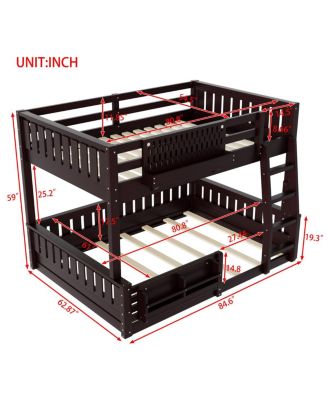 Full XL over Queen Bunk Bed with Ladder, Guardrails, Pegboard & Bookshelf, Espresso