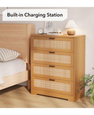Modern 4-Drawer Rattan Wood Dresser with Power Station, Tall Storage Chest for Bedroom