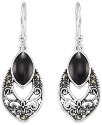 Marcasite (0.09 ct. t.w.) and Onyx (1 ct. t.w.) Drop Earrings in Sterling Silver