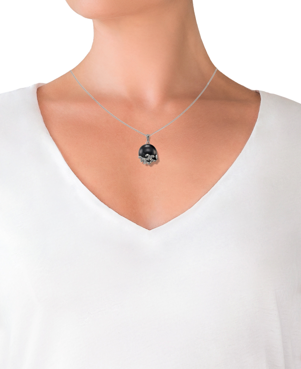 Macy's Marcasite (0.13 ct. t.w.) and Onyx (4-1/2 ct. t.w.) Pendant Necklace in Sterling Silver