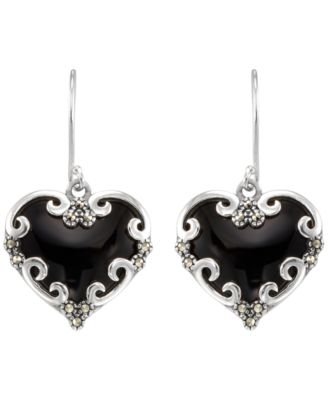 Marcasite (0.22 ct. t.w.) and Onyx (5 ct. t.w.) Drop Earrings in Sterling Silver