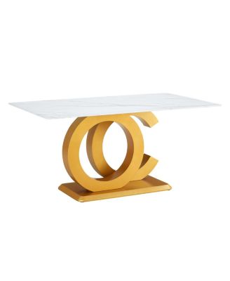 Tempered Glass Marble Top Dining Table with Gold OC Legs