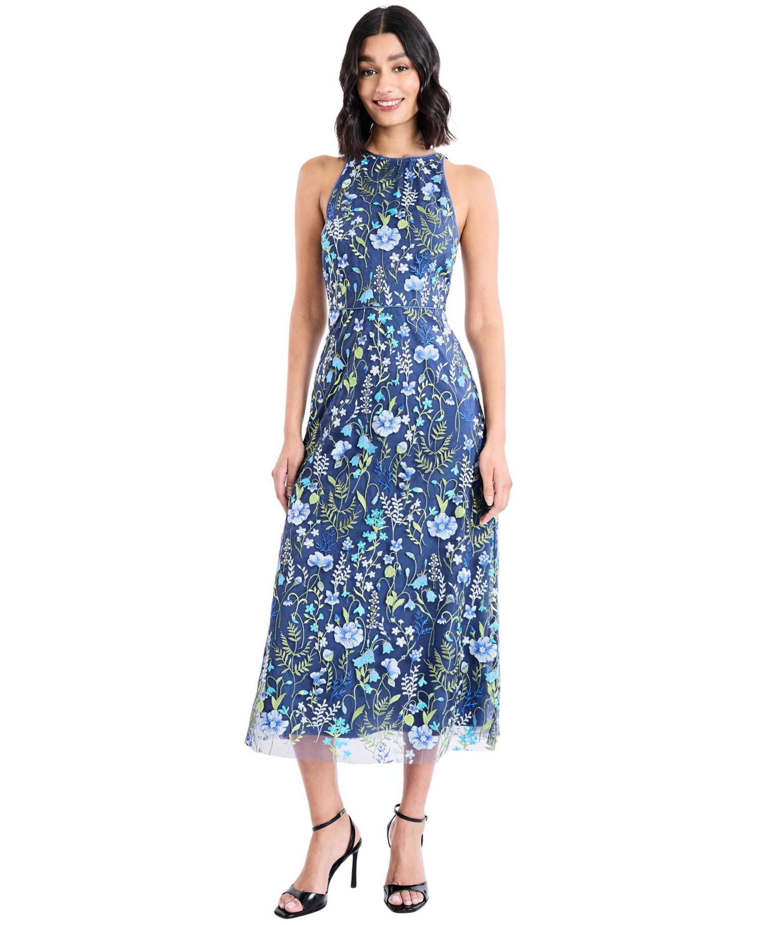 Women's Embroidered Floral Midi Nylon Dress