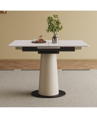 Retractable Rock Slab Folding Dining Table, Modern Expandable Table with Leather Base