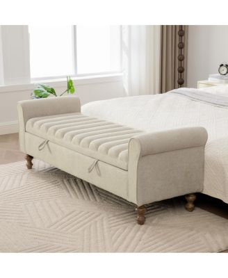  Modern Upholstered Storage Bench with Rolled Armrest, Griege