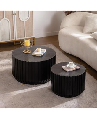 Set of 2 Black Fluted Coffee Table - Solid Wood & MDF Round Accent Tables