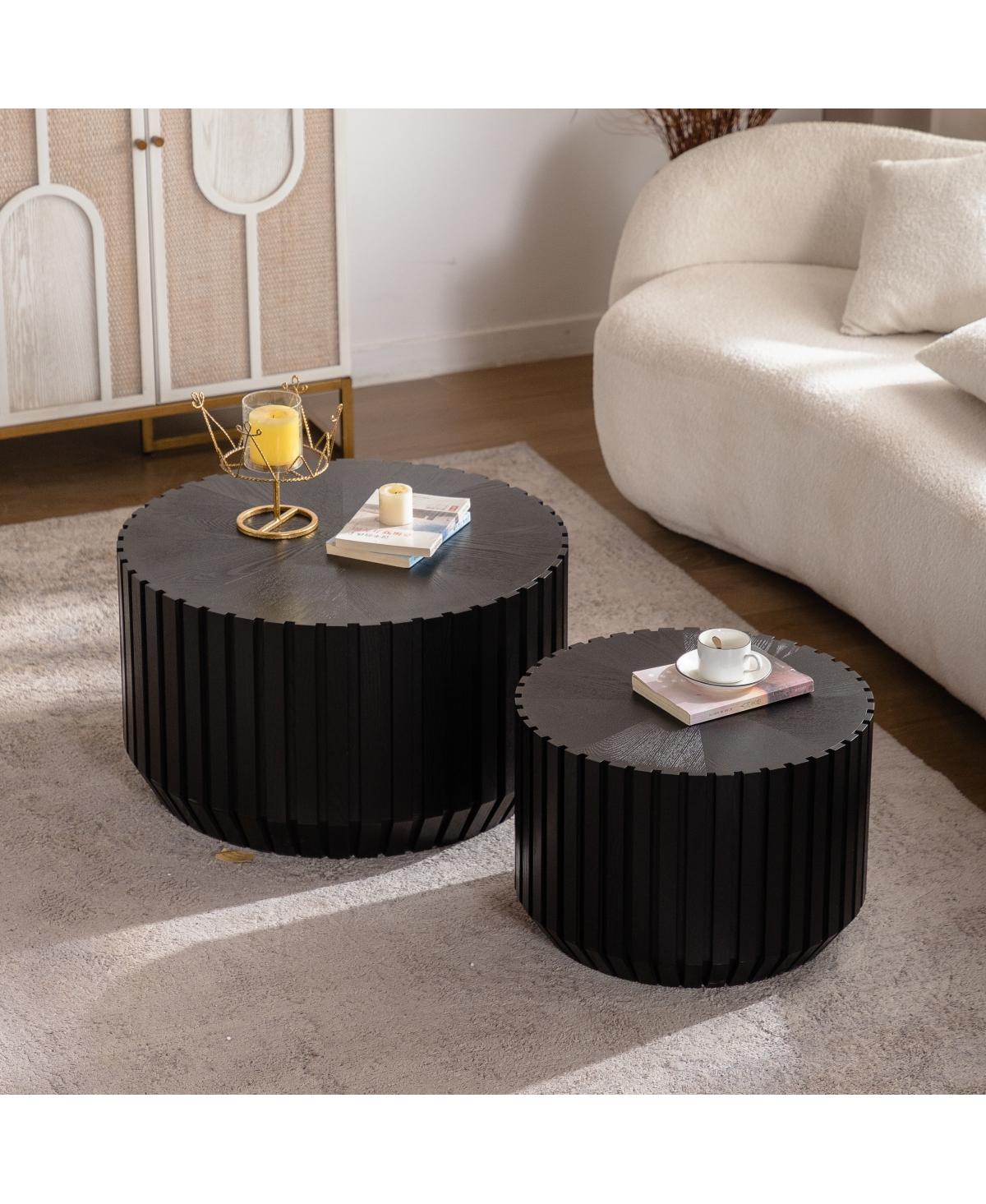 Streamdale Furniture Set of 2 Black Fluted Coffee Table - Solid Wood & Mdf Round Accent Tables