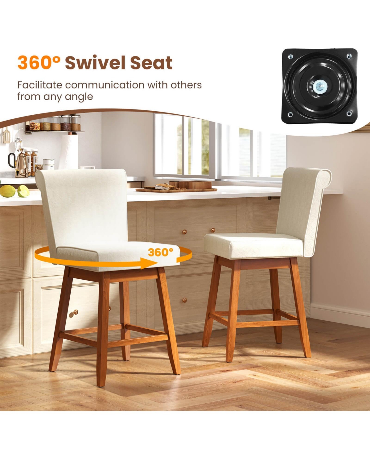 Costway 27" Swivel Bar Stools with Rubber Wood Legs Upholstered Linen Bar Chairs