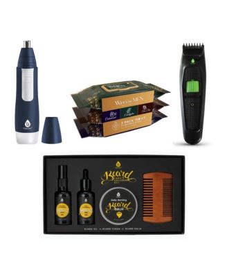 Full-Range Men's Grooming: 4-Piece Beard Care Set, Beard and Body Trimmer, Nose Trimmer, & Assorted Face and Body Wipes