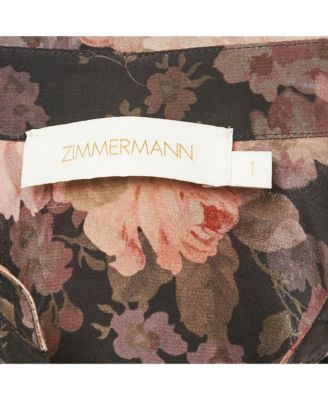 Women's Black Floral Print Silk Neck Tie-Up Button Front Blouse