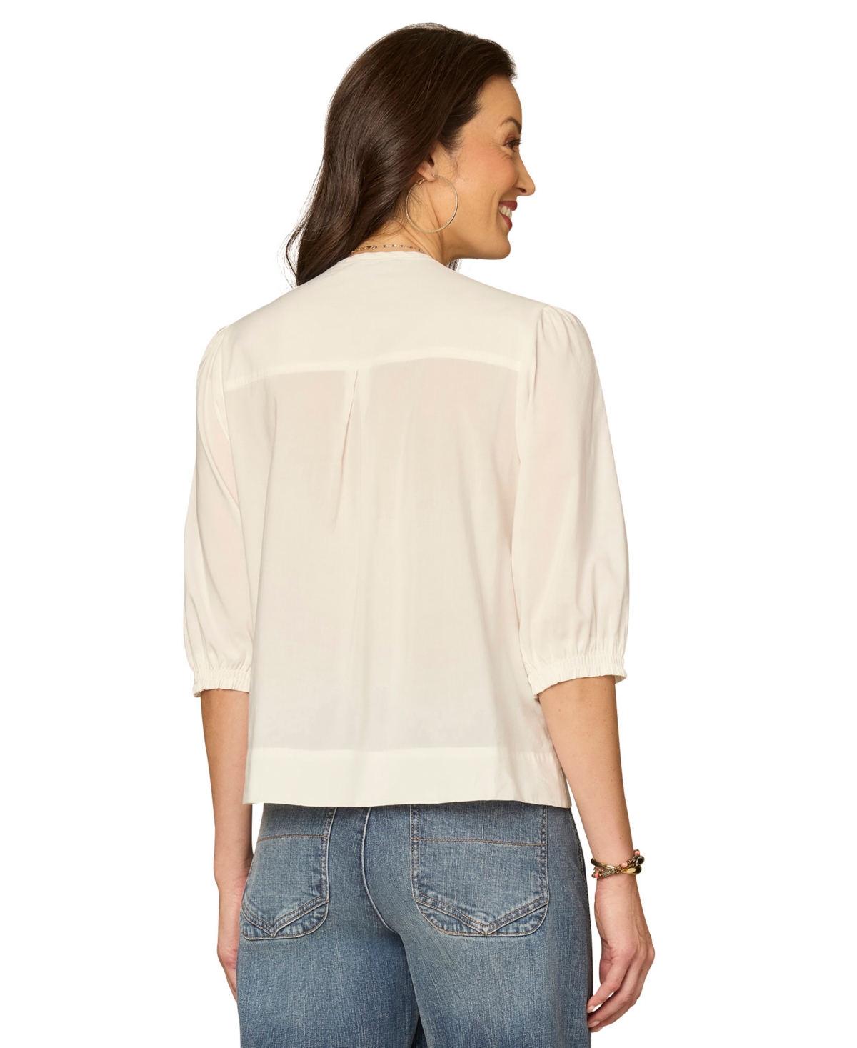 Democracy Petite Below-Blouson Pleated Sleeve Crew Neck Woven Top