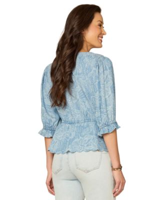 Petite Below-Elbow Lantern Sleeve V-Neck Top