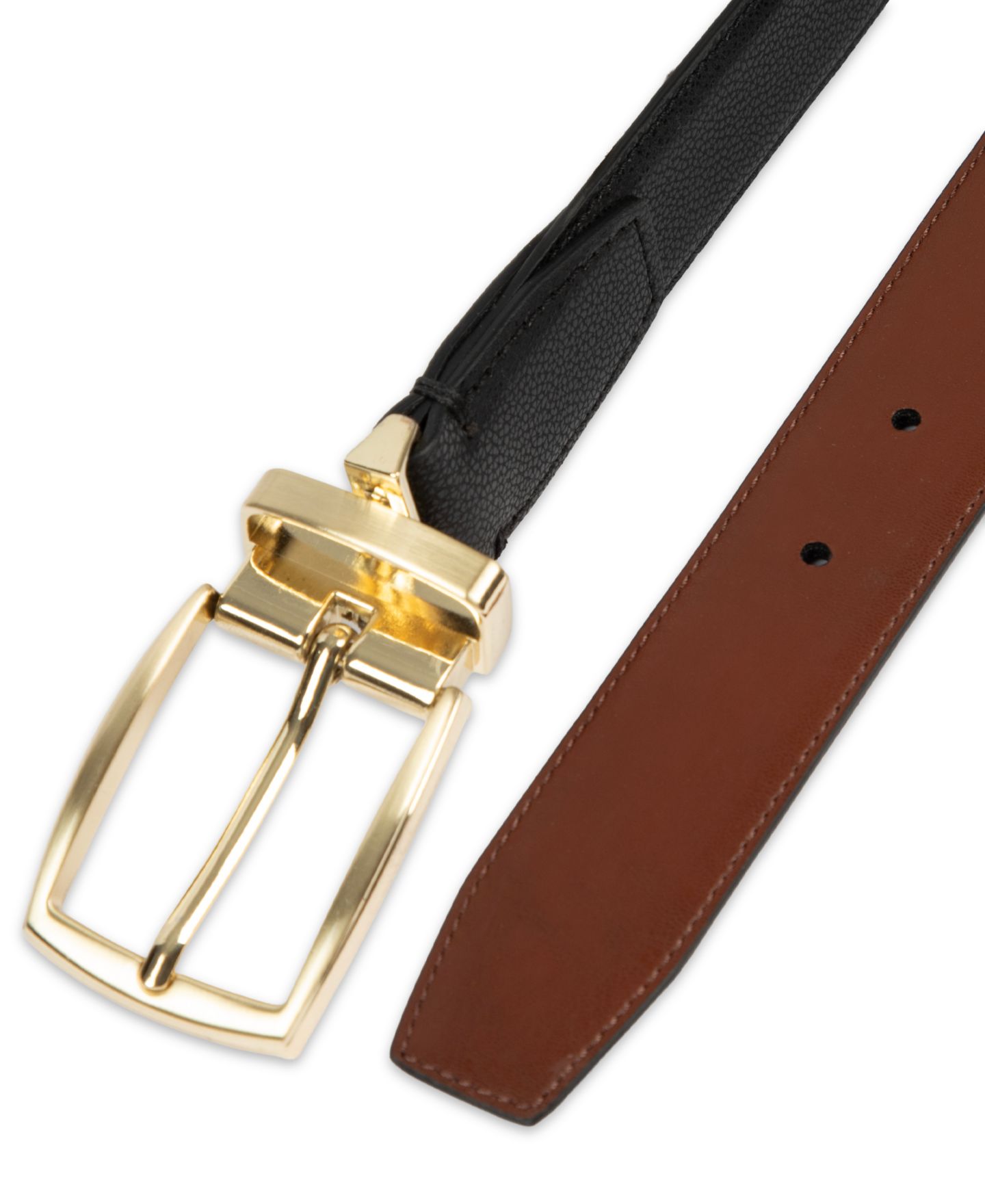 Мужской ремень Club Room 32MM Luxury 2-In-1 Reversible Pebbled Leather Belt, цвет: Чёрный / Коньячный — фото 2