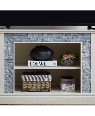 Large TV Desk Storage Rack with Faux Stacked Stone Surround, White, 70.12"W15.35"D25.83"H