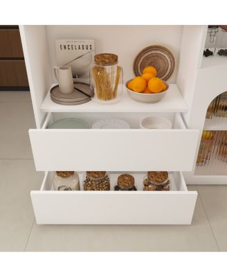 Kitchen Island with Extendable Rotating Table, Walnut Veneer, 4 Drawers, Glass Cabinets