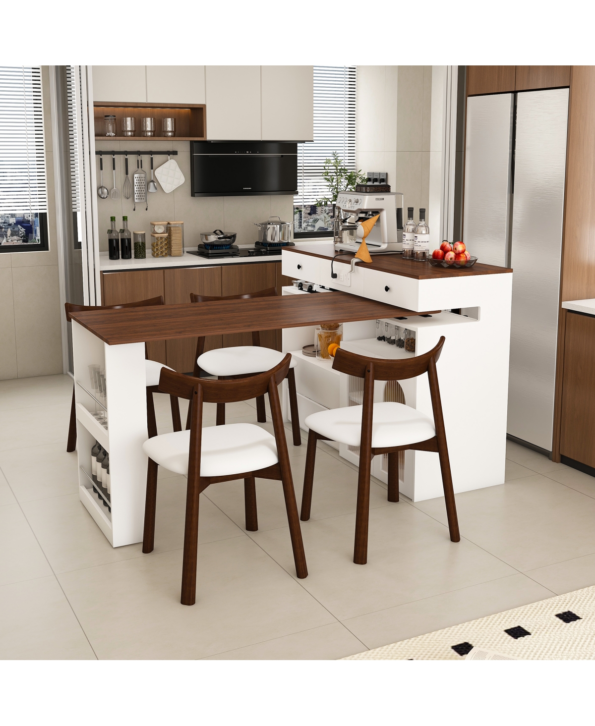 Streamdale Furniture Kitchen Island Set with 4 Chairs, Extendable & Rotating Table, Retro Design