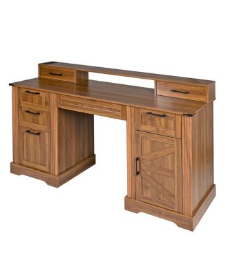  59" Farmhouse Office Desk with Charging Station & Storage Cabinet, Barn Door Design