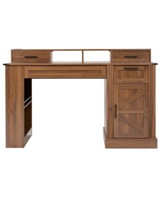 55" Farmhouse Office Desk with Storage, Barn Door Design, Keyboard Tray, Monitor Stand