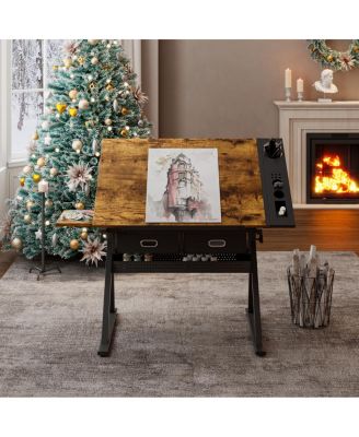 Adjustable Drawing Drafting Table Desk with 2 Drawers & Stool