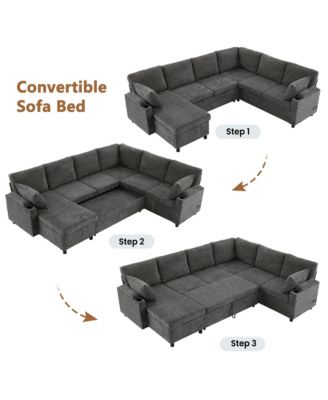 Beige/Grey 110 Inch U shaped Sectional Sofa Bed with Storage Cup Holders Charging Ports