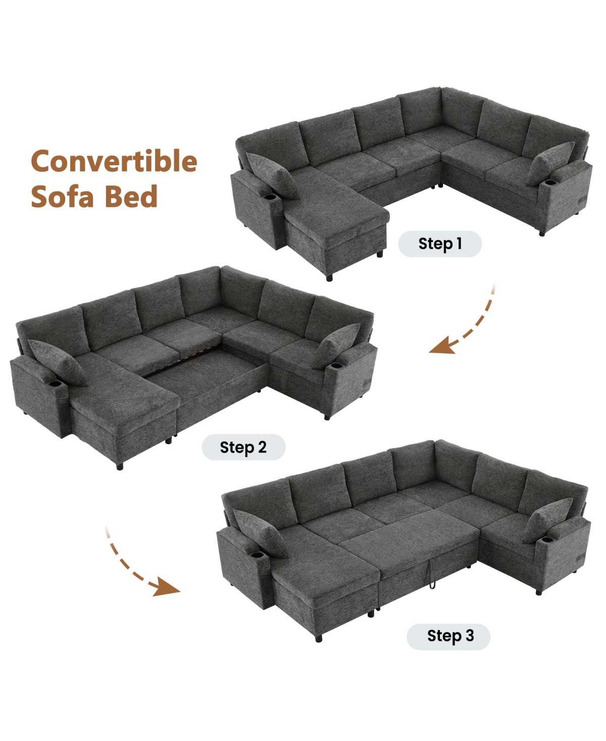 Lovmor Beige/Grey 110 Inch U shaped Sectional Sofa Bed with Storage Cup Holders Charging Ports