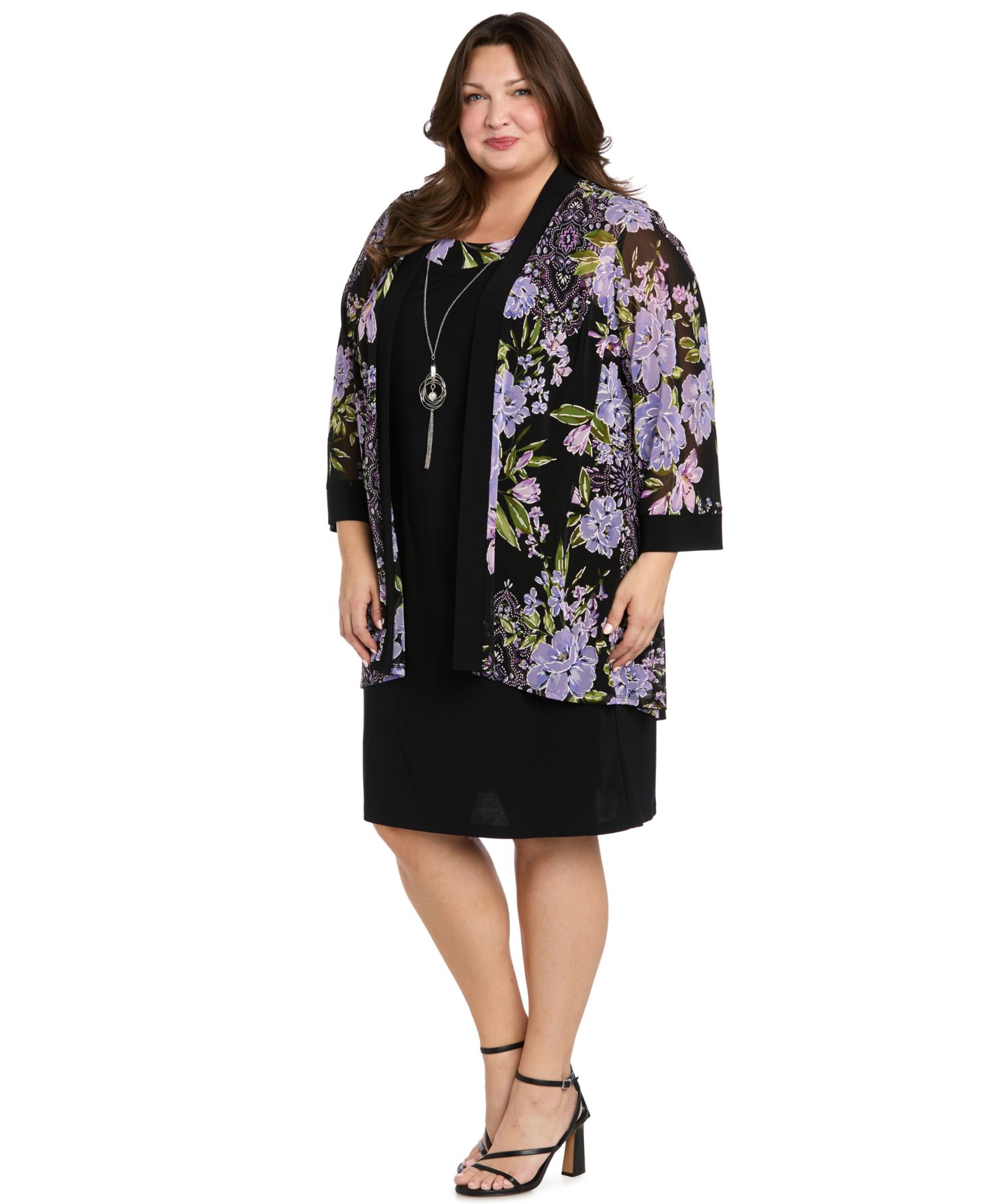 Женское платье R & M Richards Petite Necklace Sheath Chiffon-Jacket, цвет: Чёрный / Сиреневый — фото 3