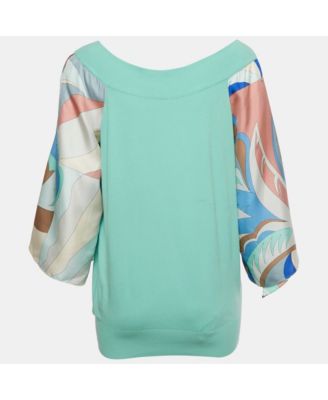 Women's Green Knit &silk Printed Trim Detail Top