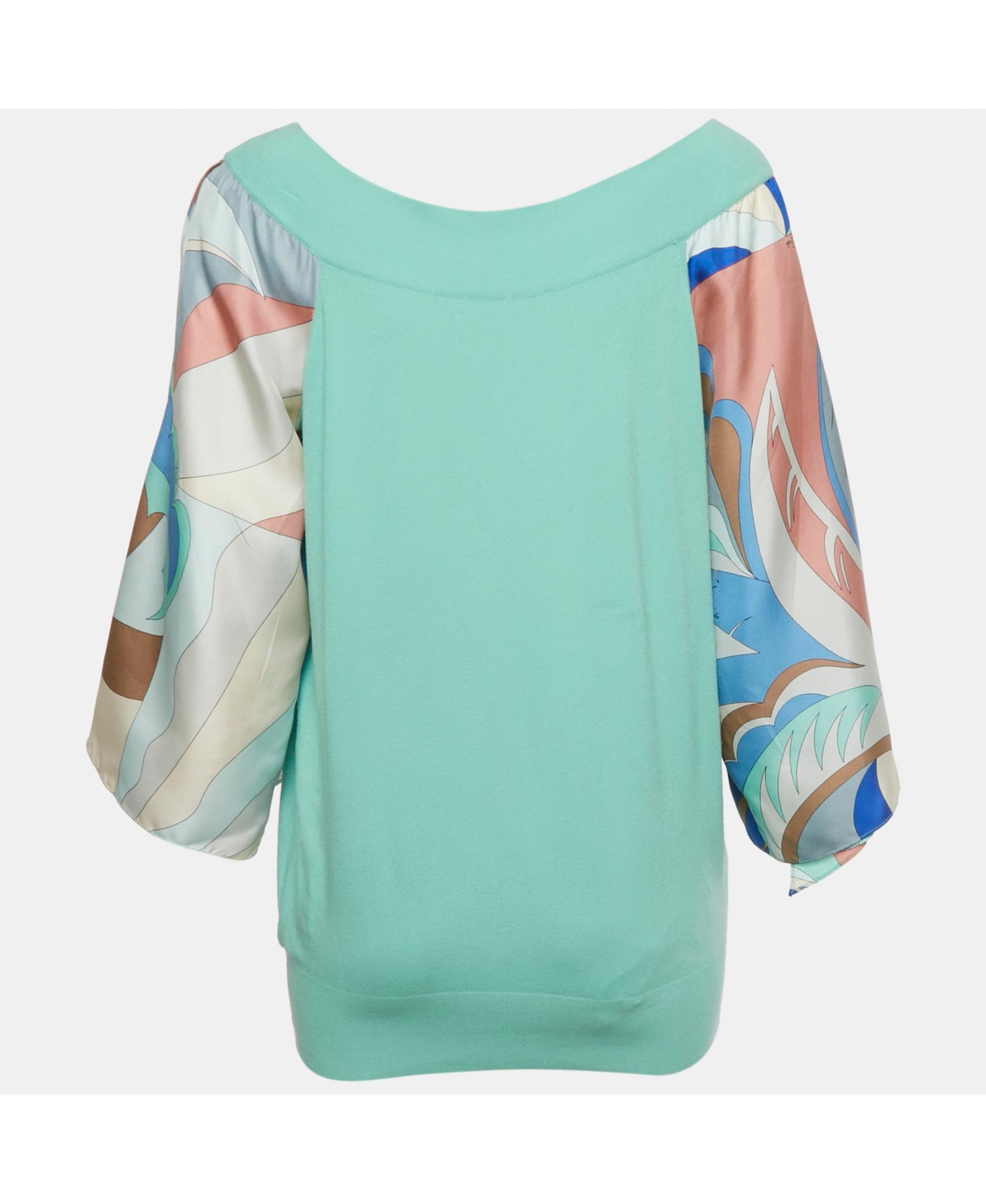 Pre-Owned Emilio Pucci Women's Green Knit &silk Printed Trim Detail Top