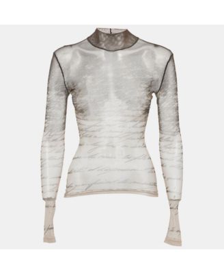 Women's Beige Love Letter-Print Stretch Mesh Sheer Top
