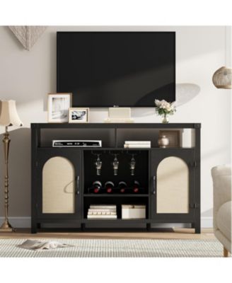 52.1" Rattan Buffet Cabinet with Storage, Boho Farmhouse Sideboard with Drawer and Doors, Black