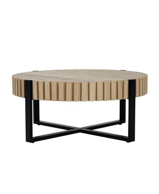 Round Handcraft Drum Coffee Table with Gear Design & Cross Metal Base, 31.5" Modern Compact Table