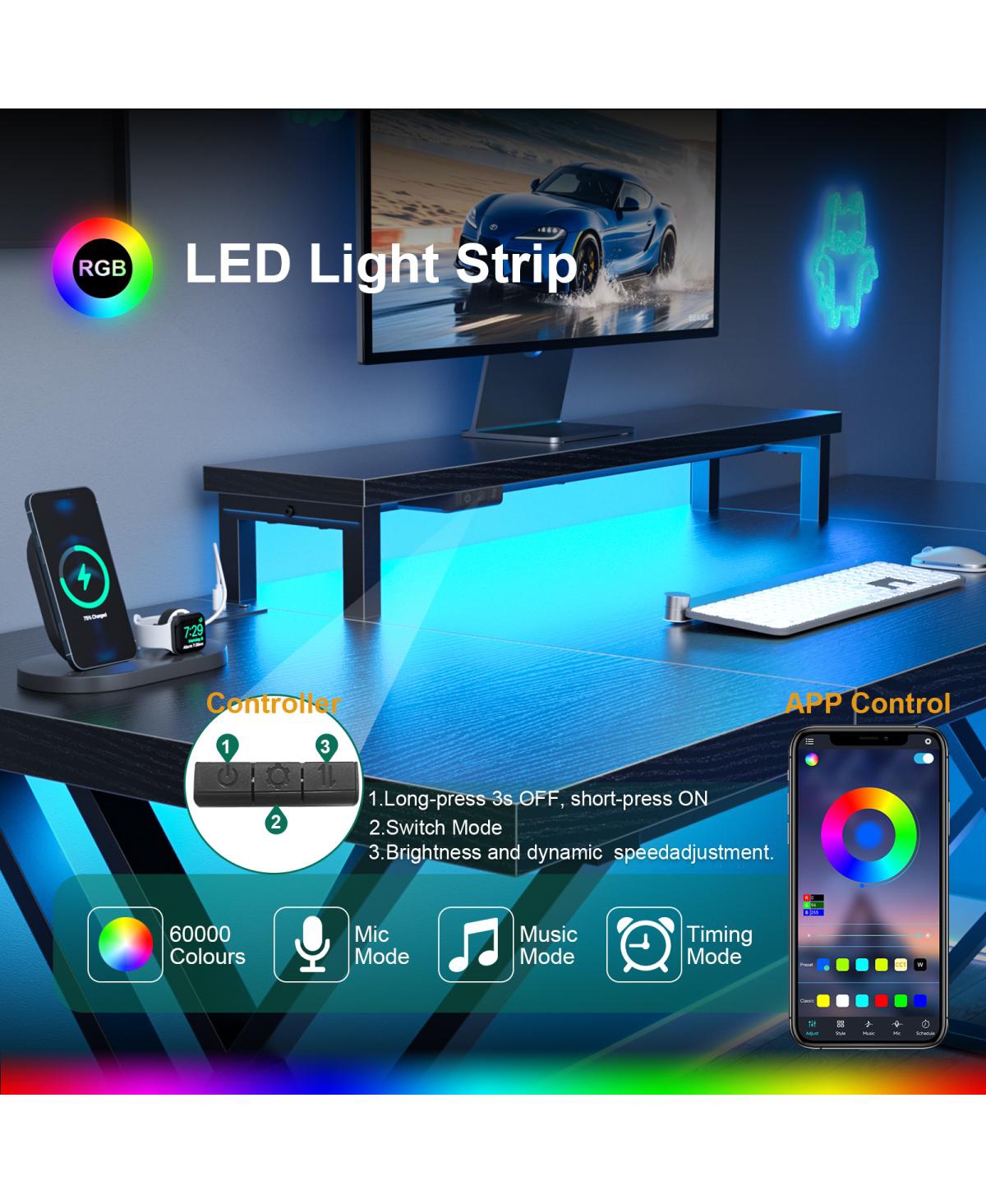 Streamdale Furniture Gaming Desk with Usb Charging, Led Lights & Monitor Riser