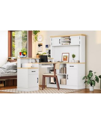 L-Shaped Computer Desk with Outlet, Drawers, Bookshelf, White