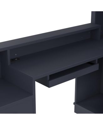 L-Shaped Computer Desk with Outlet, Drawers, Bookshelf, Blue
