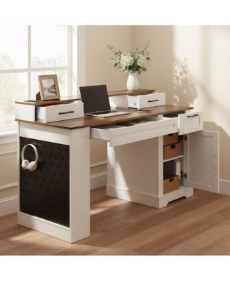 55" Farmhouse Office Desk with Storage, Barn Door Design, Keyboard Tray, Monitor Stand, White