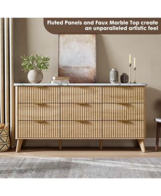Fluted Dresser for Bedroom, 9 Deep Drawer Modern Wood Storage Chest, Beige