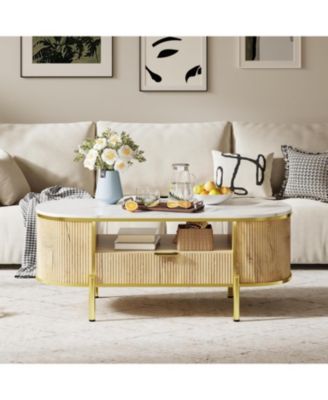 48" Oval Coffee Table with Fluted Design & Faux Marble Top, Modern Center Table with Drawers
