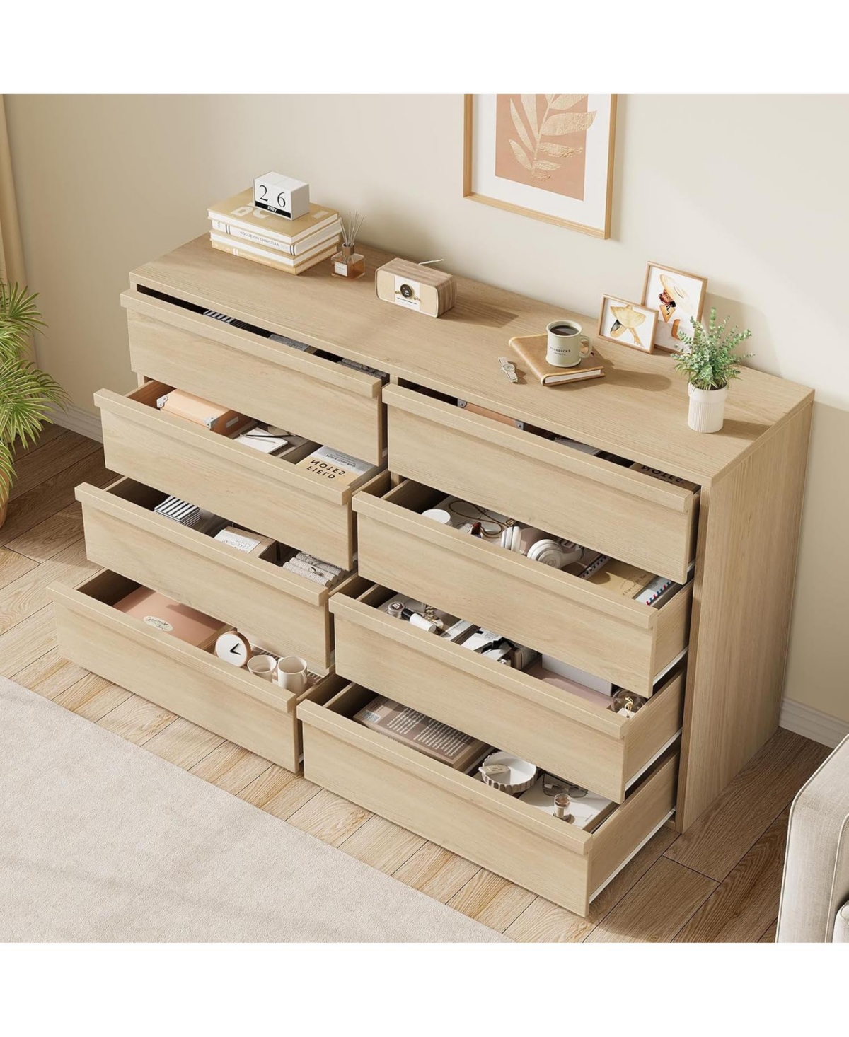 gaomon 8-Drawer Dresser for Bedroom, 54" Wide Natural Oak Double Chest with Large Storage, Beige