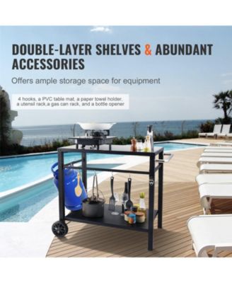 Outdoor Grill Dining Cart, Double Shelf, Iron Top, 2 Wheels, Carry Handle, Food Prep Table