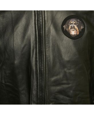 Men's Black Leather Rottweiler Patch Bomber Jacket