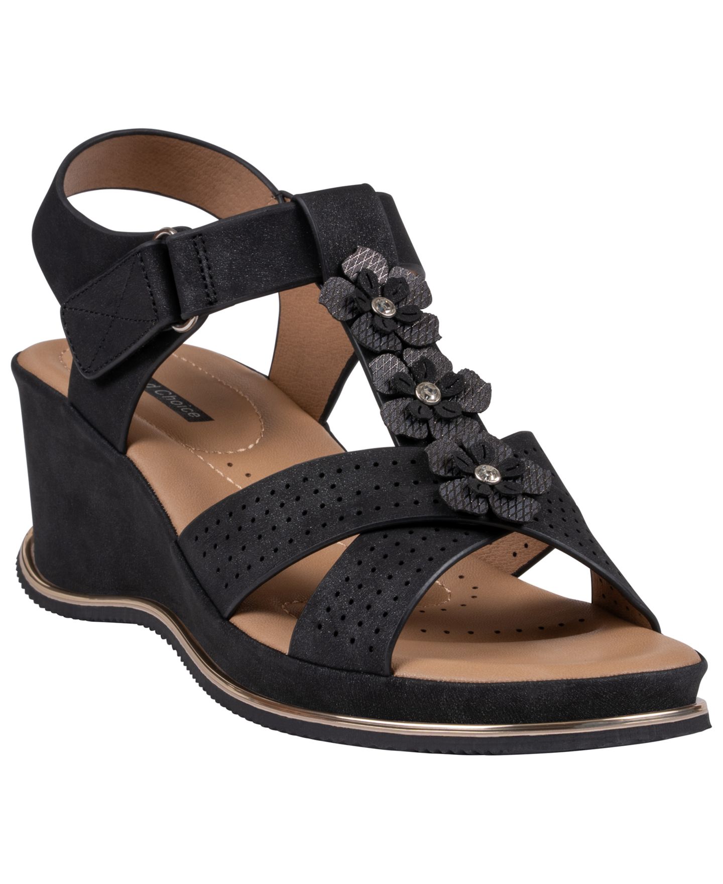 Женские сандалии GC Shoes Miko Floral Round Toe Wedge, цвет: Чёрный — фото 1