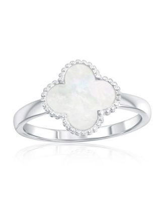 Sterling Silver, Mother of Pearl Clover, Beaded Outline Ring